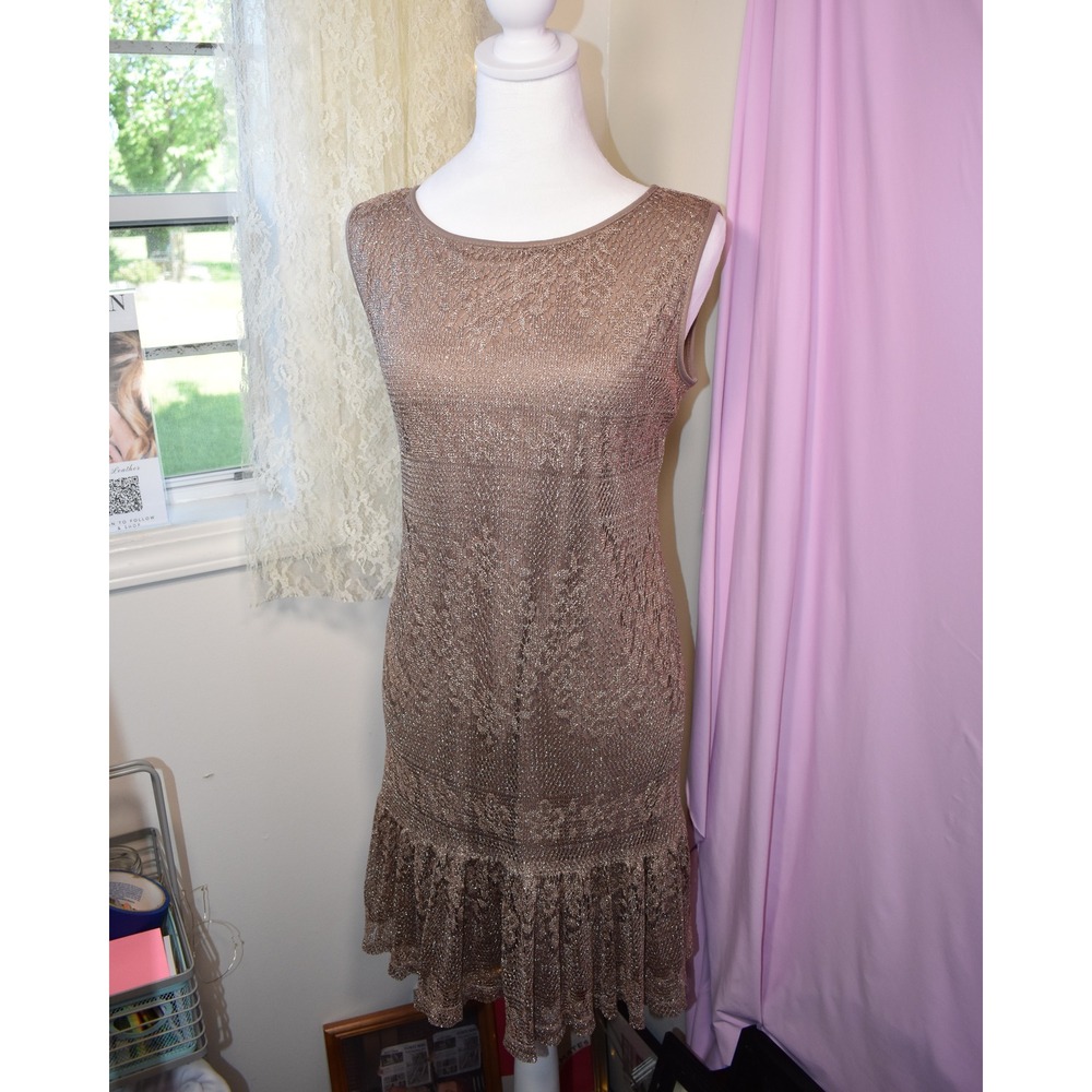 Dressbarn Collection Vintage Champagne Metallic Knit Ruffle Dress 8 Made in USA